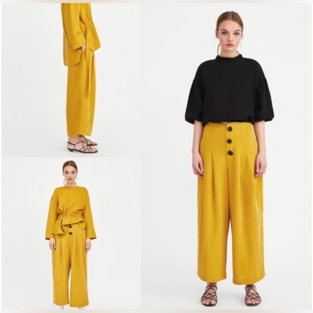 Zara Wide Leg Mustard Yellow Pants Size XS Linen Blend EUC